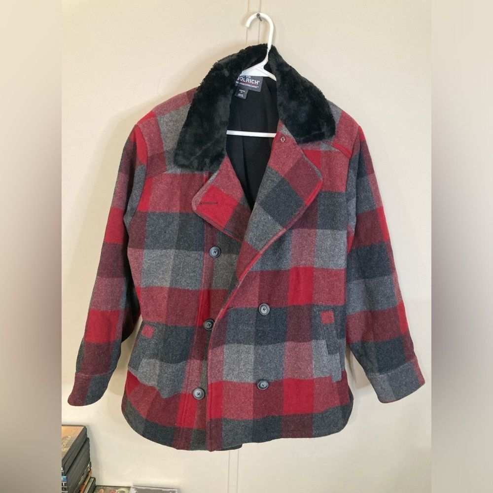 Woolrich Women's XL Buffalo Plaid Wool Coat Red And Black Fleece Lined Shacket
